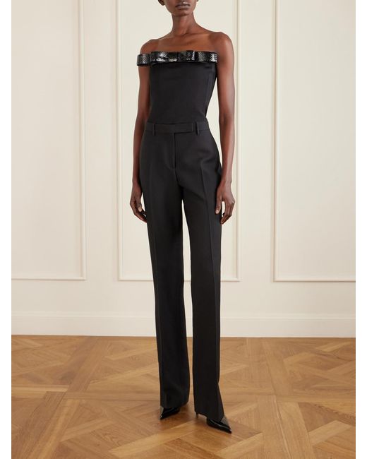 Tom Ford Black Off-The-Shoulder Snake-Effect Leather-Trimmed Wool-Twill Top