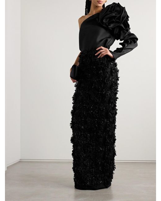 Carolina Herrera Black One-Sleeve Ruffled Silk-Gazar Top