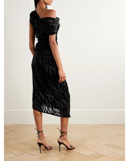 Isabel Marant Black Cyane Asymmetric Gathered Devoré-Velvet Dress