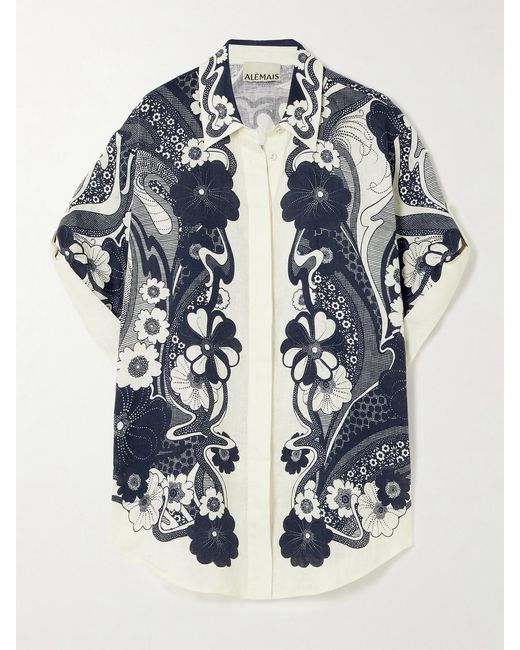 ALÉMAIS Blue Mickey Floral-Print Linen-Gauze Shirt