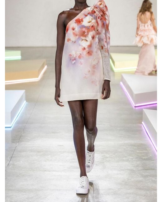 Zimmermann Pink Crush One-Sleeve Floral-Print Linen And Silk-Blend Mini Dress