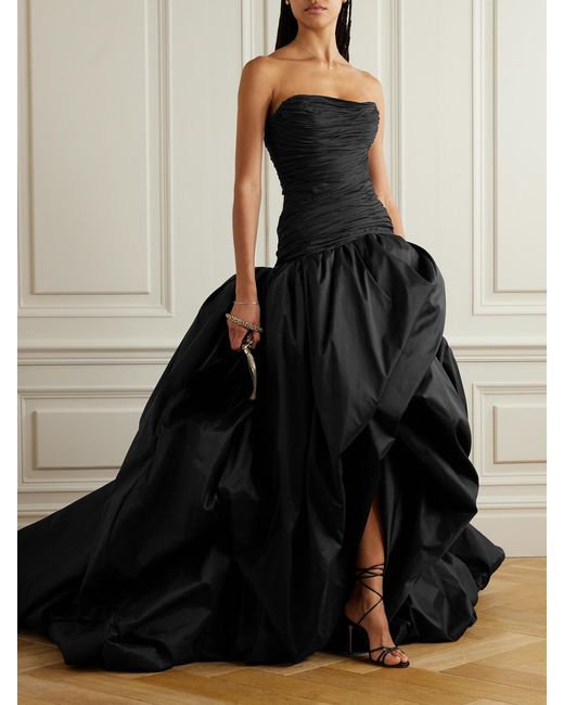 Marmar Halim Black Strapless Plissé-Taffeta Gown