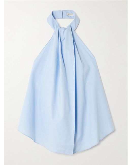 St. Agni Blue Open-Back Gathered Organic Cotton-Poplin Halterneck Top