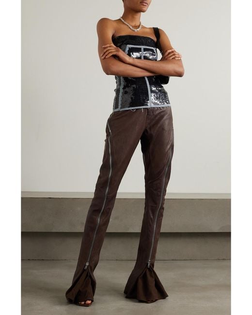Rick Owens Brown Bolan Banana Cotton-Paneled Leather Flared Pants