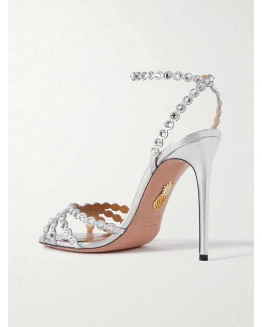 Aquazzura White Tequila 105 Crystal-Embellished Metallic Leather Sandals
