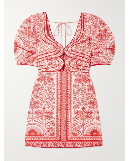 Farm Rio Red River Ride Cutout Floral-Print Linen-Blend Mini Dress