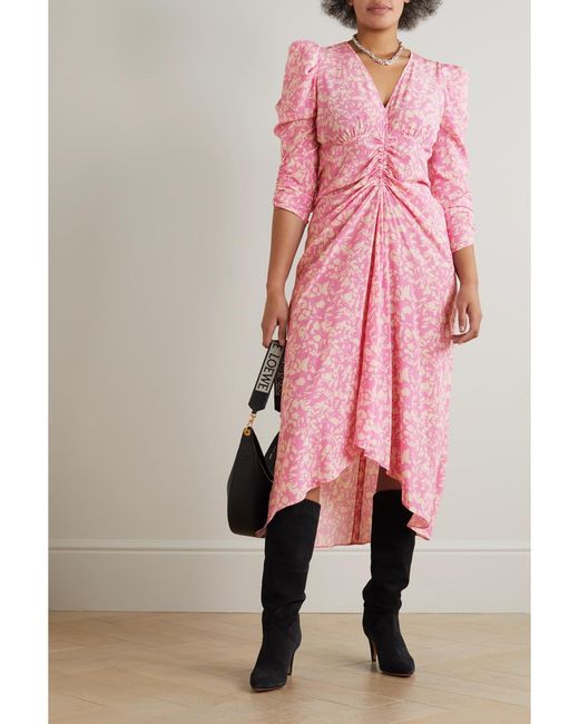 Isabel Marant Pink Ruched Floral-Print Stretch-Silk Crepe Dress