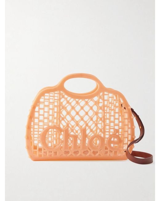 Chloé Natural Cage Leather-Trimmed Studded Rubber Shoulder Bag