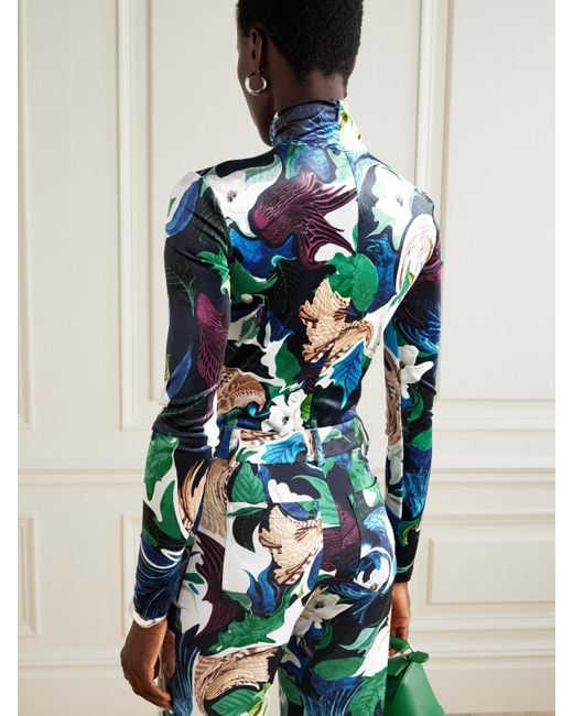 Mary Katrantzou Blue Jordan Printed Stretch-Velvet Turtleneck Bodysuit