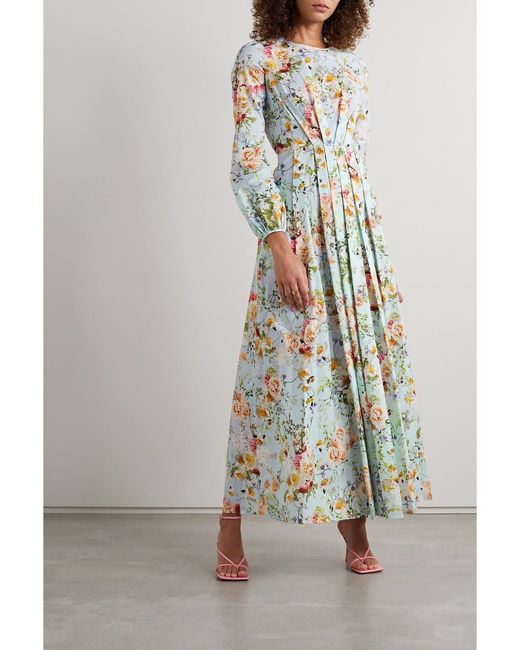 Adam Lippes Blue Pleated Floral-Print Cotton-Voile Maxi Dress