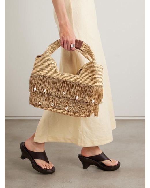 Sensi Studio Metallic Leather-Trimmed Embellished Fringed Straw Tote
