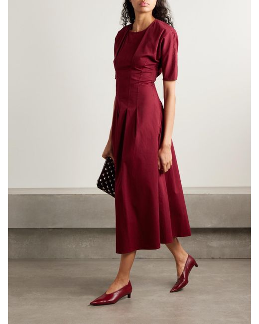 Proenza Schouler Red Ainsley Pleated Brushed Cotton-Blend Twill Midi Dress