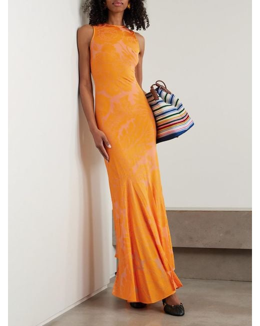 Etro Orange Asymmetric Open-Back Devoré-Jersey Maxi Dress