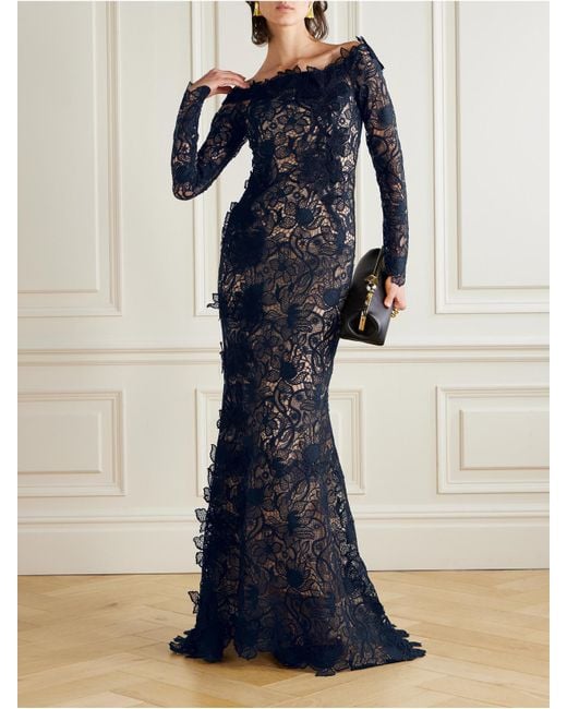 Oscar de la Renta Blue Off-The-Shoulder Appliquéd Guipure Lace Gown
