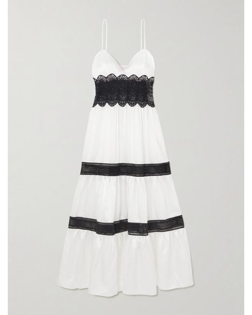 Loretta Caponi White Demi Tiered Lace-Trimmed Silk-Satin Midi Dress