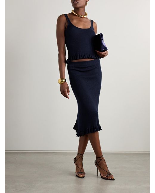 Brandon Maxwell Blue The Phoebe Ruffled Ribbed Cashmere Tank