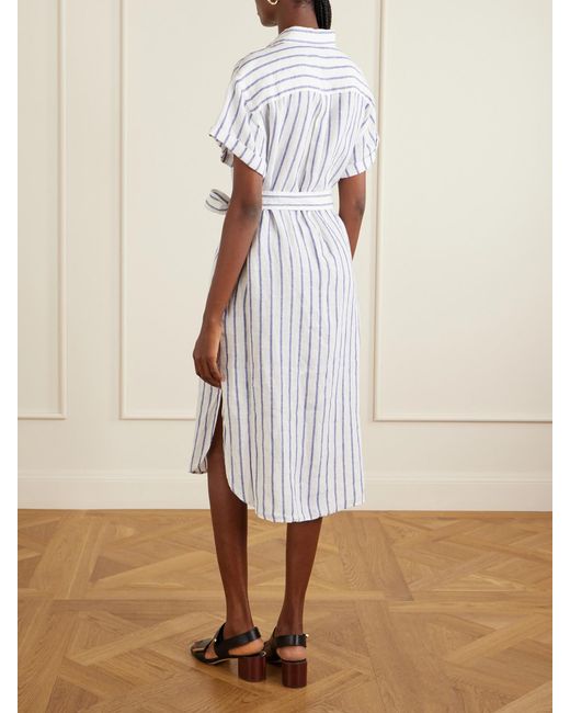 Polo Ralph Lauren Blue Belted Striped Linen Midi Dress