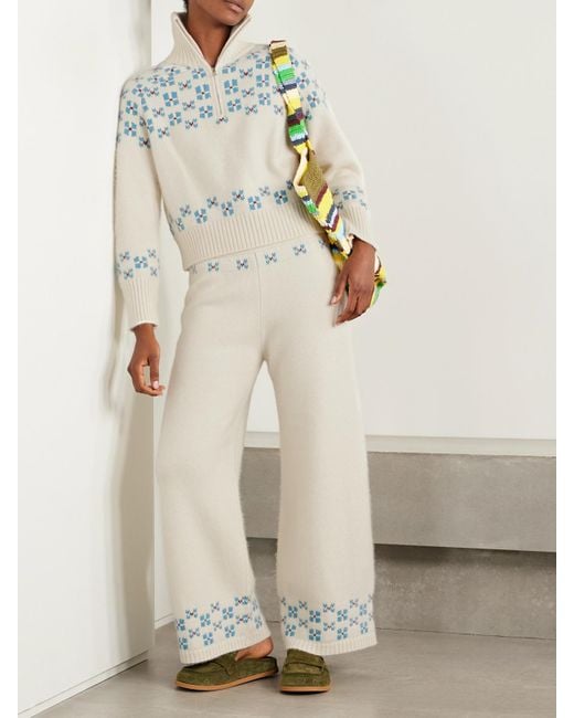 Calle Del Mar White Winter Fair Isle Cashmere Wide-Leg Pants