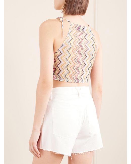 Missoni Pink Cropped Gathered Striped Mesh Halterneck Top