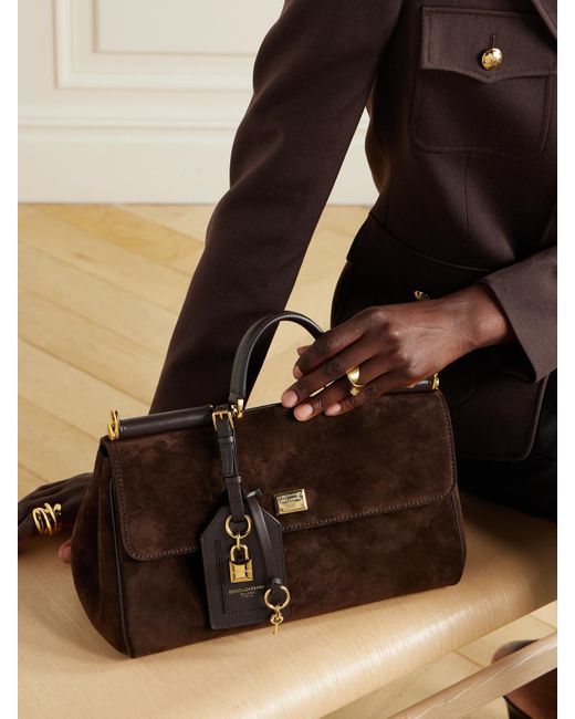 Dolce & Gabbana Brown Sicily Small Leather-Trimmed Suede Shoulder Bag