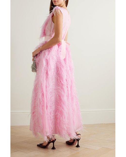 Huishan Zhang Pink Irina Belted Feather-Embellished Silk-Organza Gown
