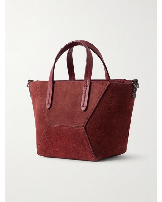 Brunello Cucinelli Red Embellished Suede Shoulder Bag