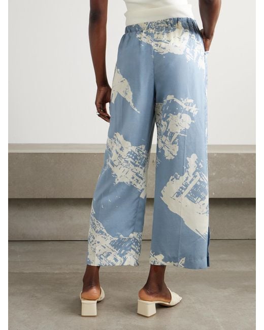 Bottega Veneta Blue Printed Silk And Cotton-Blend Shantung Wide-Leg Pants