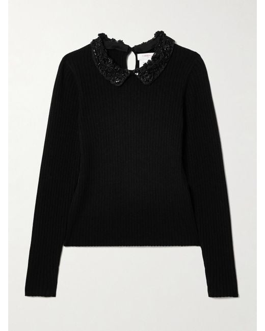 Carolina Herrera Black Wandelbares Oberteil Aus Gerippter Wolle Mit Häkelbesatz Und Verzierungen