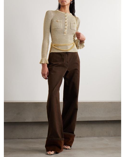 Self-Portrait Natural Belted Ruffled Metallic Ribbed-Knit Top