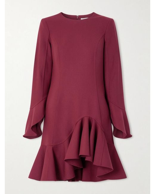 Oscar de la Renta Red Asymmetric Ruffled Wool-Blend Crepe Midi Dress