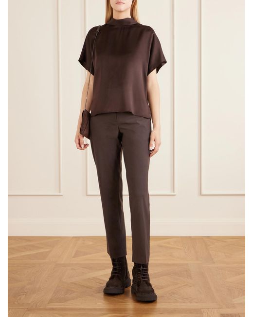 Brunello Cucinelli Brown Draped Silk-Satin Blouse