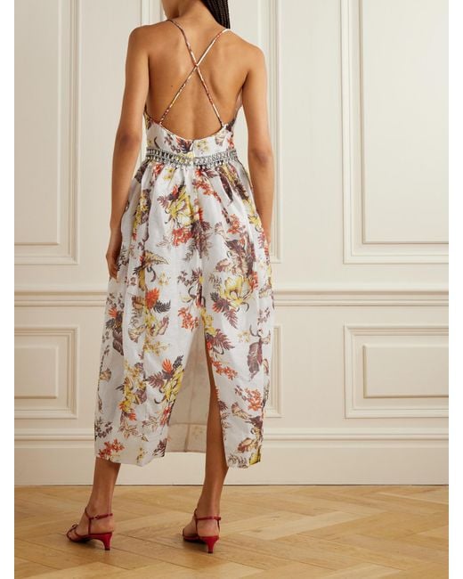 Zimmermann White Matchmaker Embellished Floral-Print Linen And Silk-Blend Midi Dress