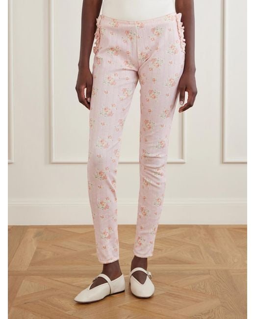 Simone Rocha Pink Ruffled Floral-Print Pointelle-Knit Cotton-Jersey Leggings