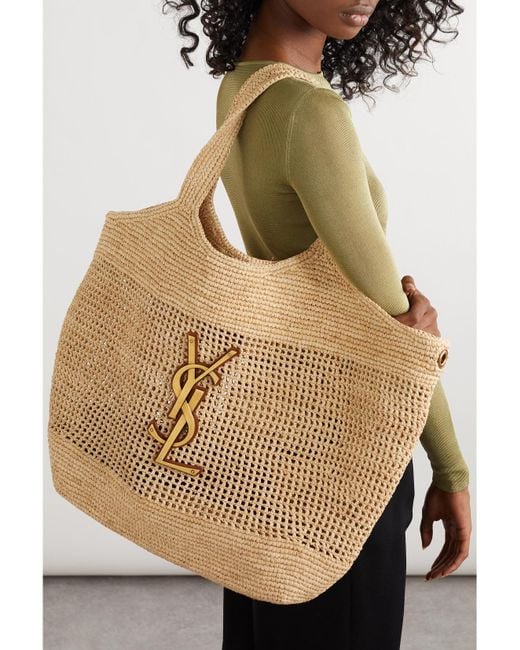 Saint Laurent Natural Icare Maxi Embellished Leather-Trimmed Raffia Tote