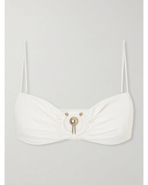 Christopher Esber White Ruched Orbit Embellished Bikini Top