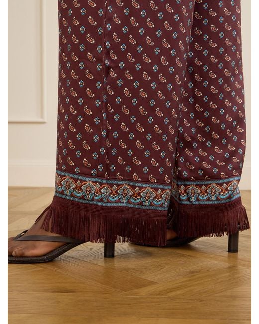 Doen Red Lavon Fringed Printed Silk-Blend Satin Wide-Leg Pants