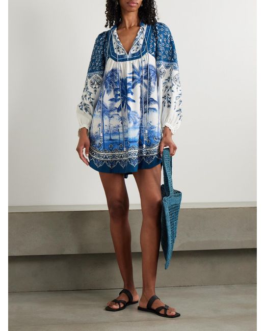 Farm Rio Blue Palm Tree Beach Minikleid Aus Einer Bedruckten Leinenmischung