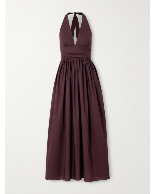 Matteau Women's Purple Gathered Organic Cotton-Poplin Halterneck Maxi Dress Matteau Women's Purple Gathered Organic Cotton-Poplin Halterneck Maxi Dress