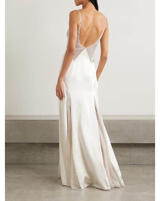 Kiki de Montparnasse White Ange Paneled Embellished Leavers Lace And Satin Gown