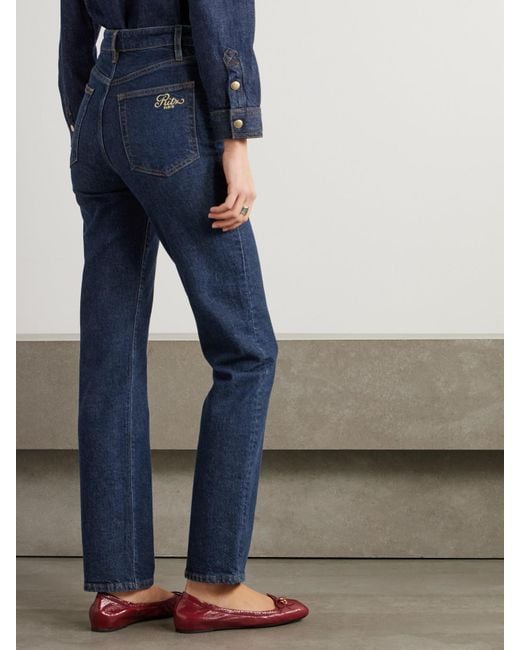 FRAME Blue Ritz Paris The Ruler Hoch Sitzende Jeans Mit Geradem Bein Und Verzierungen