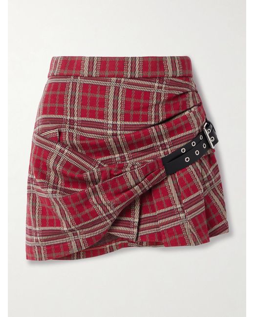 Isabel Marant Red Gisen Belt-Detailed Draped Checked Cotton Mini Skirt
