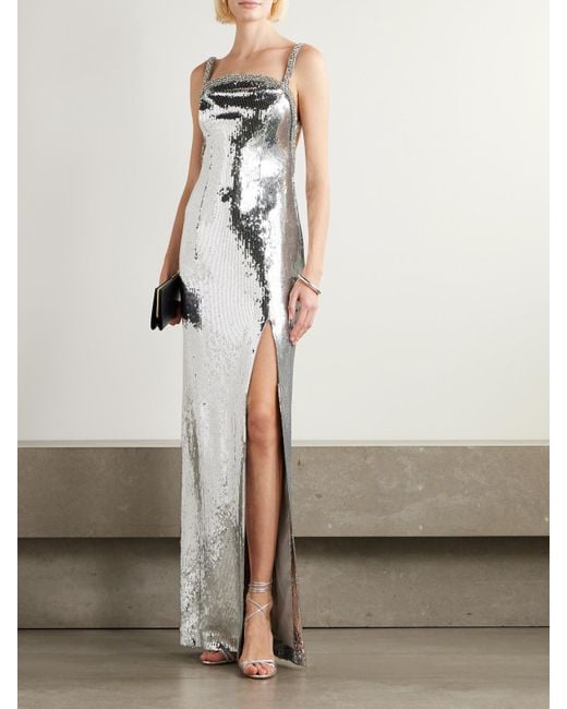 Rebecca Vallance White Olympia Open-Back Crystal-Embellished Sequined Mesh Gown
