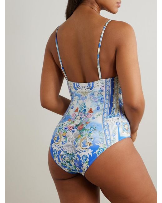 Camilla Blue Crystal-Embellished Printed Stretch Recycled Swimsuit