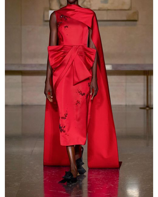 Erdem Red Draped Cape-Effect Embellished Satin Gown