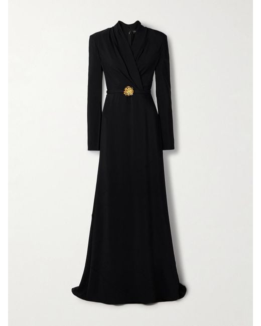 Oscar de la Renta Black Wrap-Effect Embellished Belted Crepe Gown
