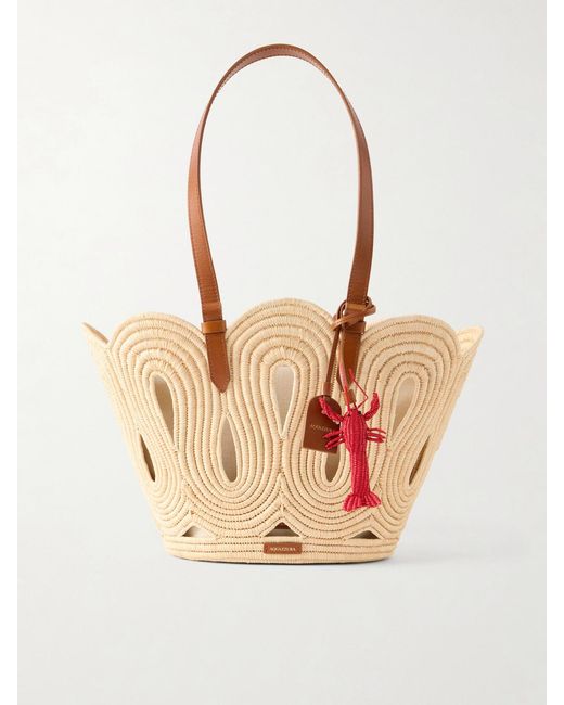 Aquazzura Natural Artiste Medium Leather-Trimmed Raffia Tote
