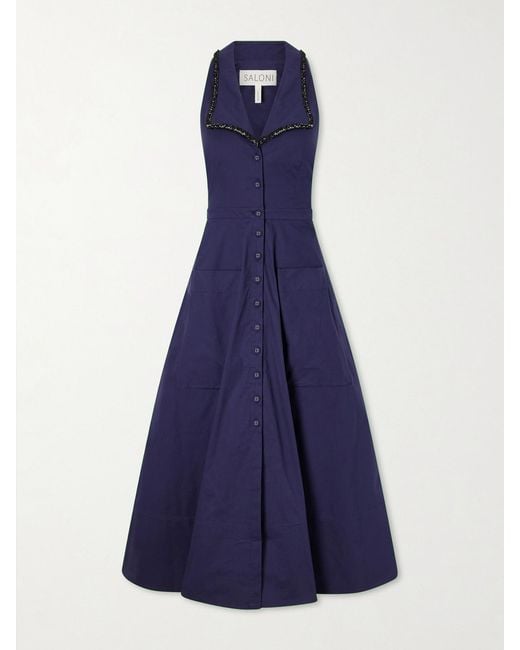 Saloni Blue Jessica Crystal-Embellished Cotton-Blend Poplin Midi Dress