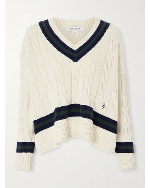 Sporty & Rich Natural Striped Cable-Knit Cotton Sweater