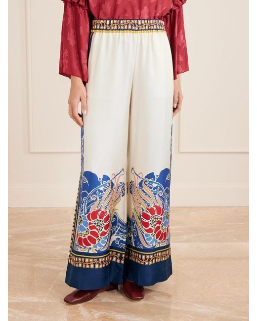 LaDoubleJ Blue Printed Silk-Twill Wide-Leg Pants