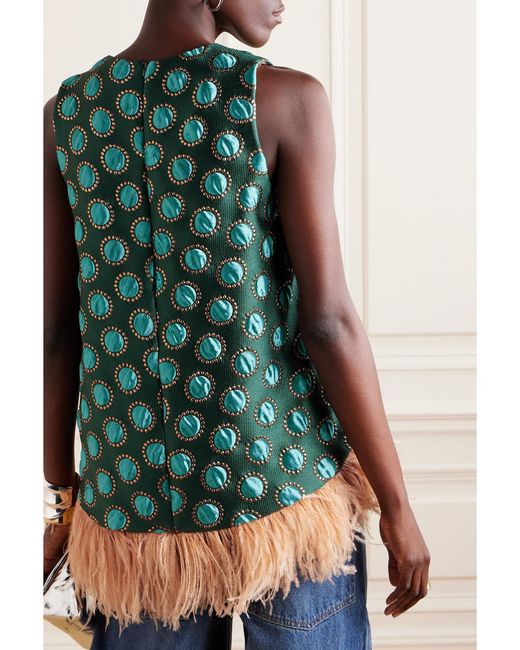LaDoubleJ Green La Scala Asymmetric Feather-Trimmed Metallic Jacquard Top